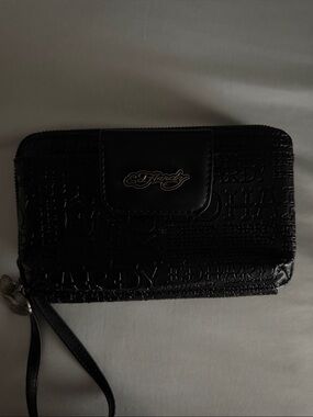 Ed Hardy Black Embossed Leather Wrist Strap Wallet
